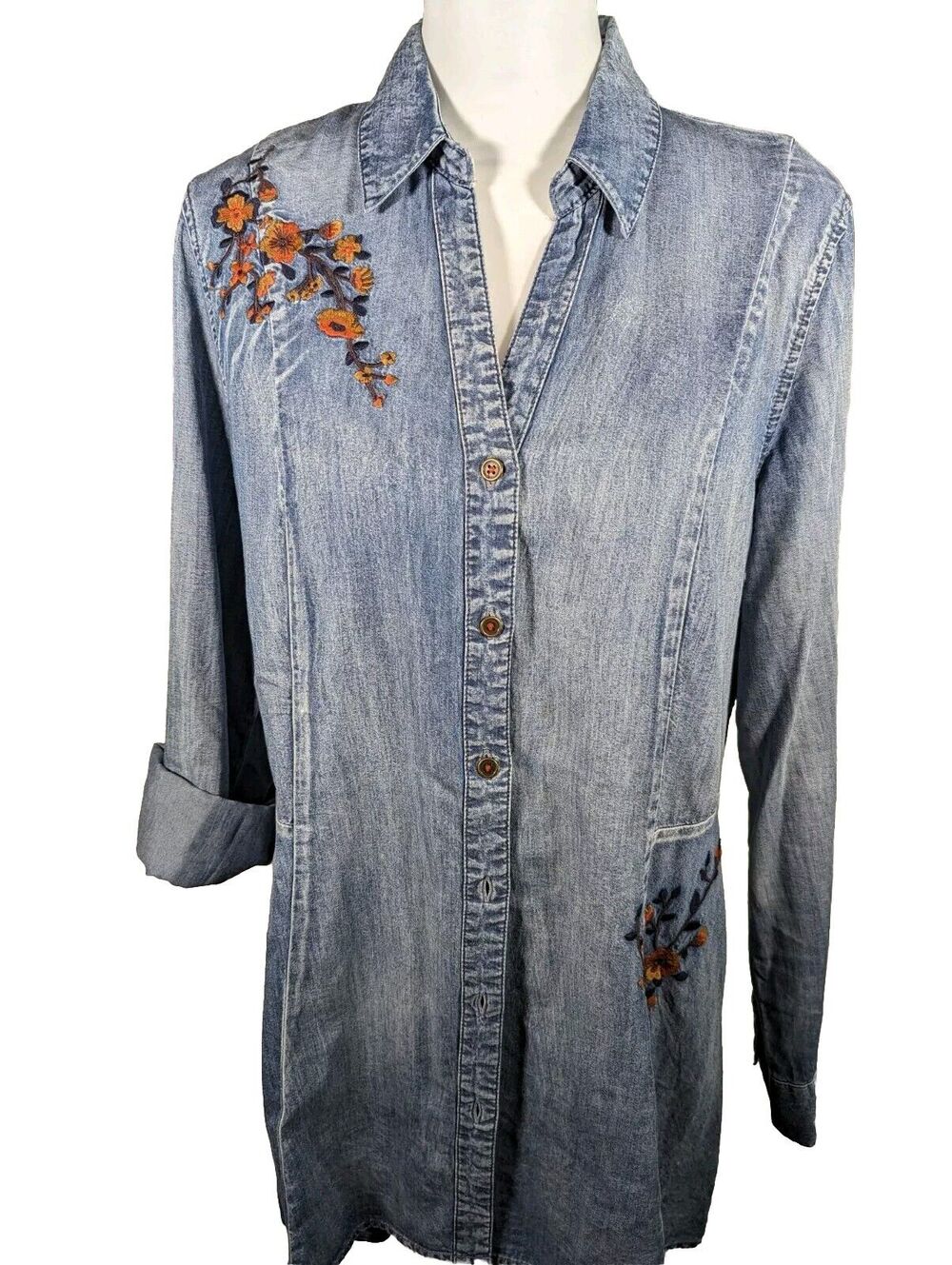 Vintage X America Womens Distressed Chambray Embroidered Jacket Sz L Bust41"